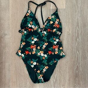 Lively - Adjustable One Piece Swimsuit with Green Tropical Design- MED